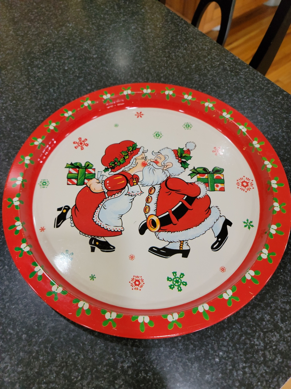 Vintage 1980's Holiday Santa Couple Decorative Serving Tray - Red